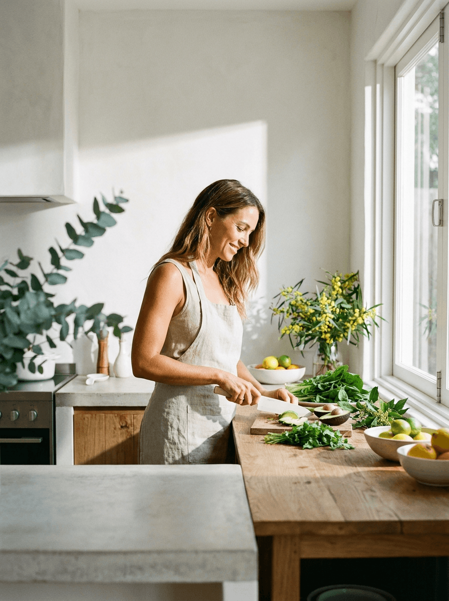 Australian woman preparing fresh whole food at an oak benchtop