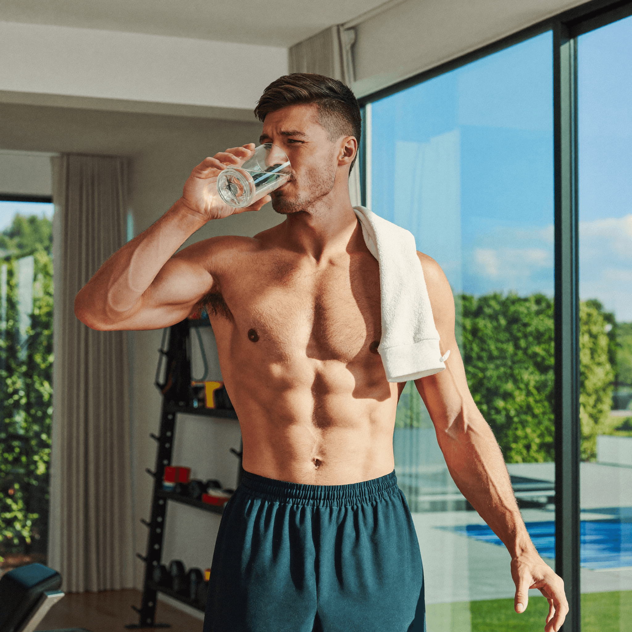 An Australian man post-workout in mid-morning natural daylight, holding a glass of water