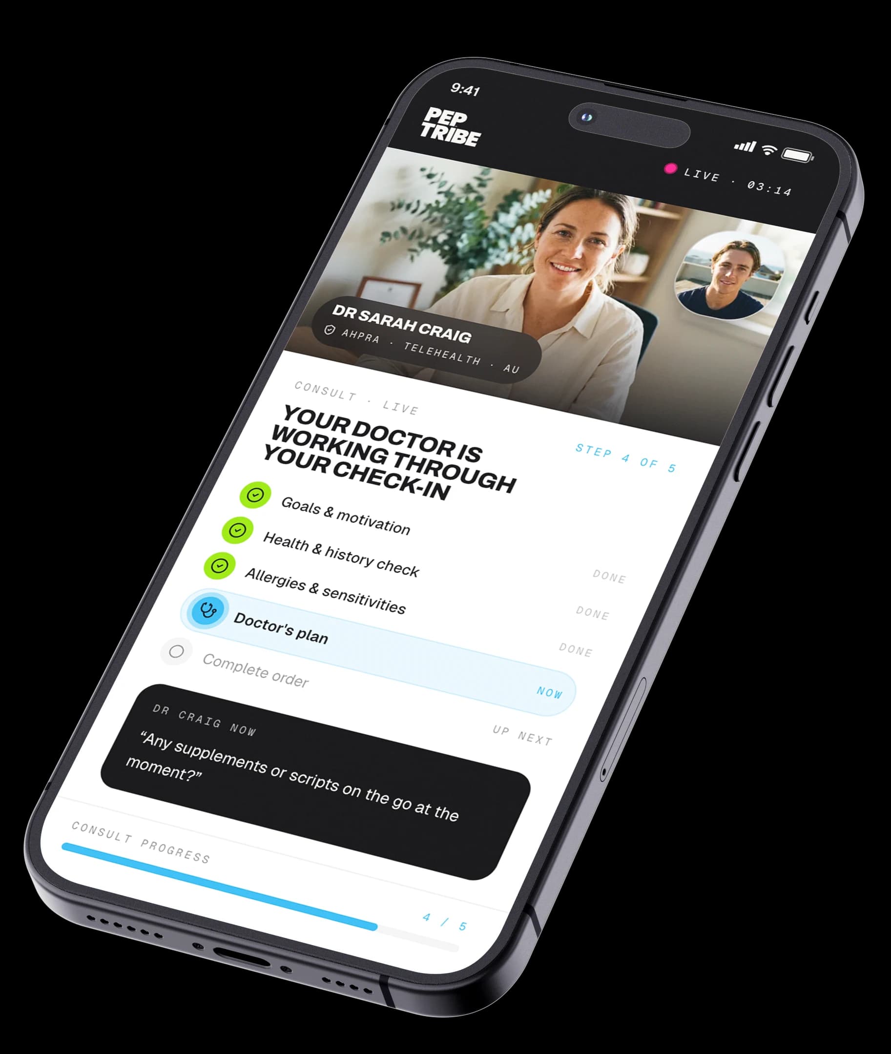 Peptribe Scriptr live-consult app interface